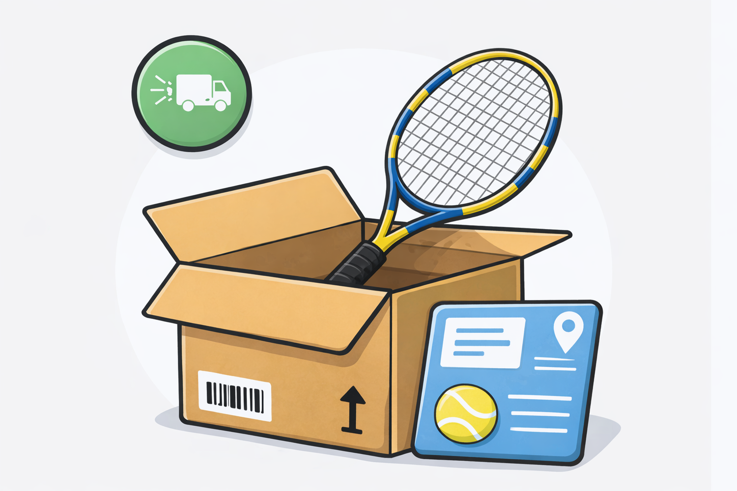Tennis racket inside an open cardboard box with a shipping label and icon on a white background