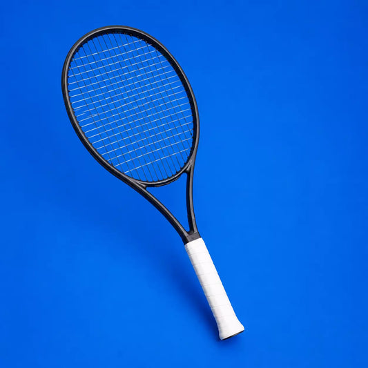 Tennis racket with hybrid restring setup showing black polyester main strings and clear multifilament cross strings on a blue background.