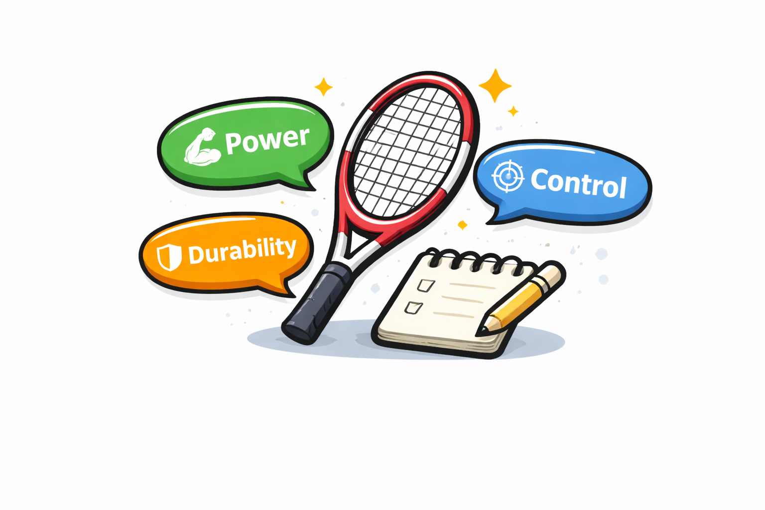 Tennis racket with speech bubbles indicating power, control, and durability on a white background