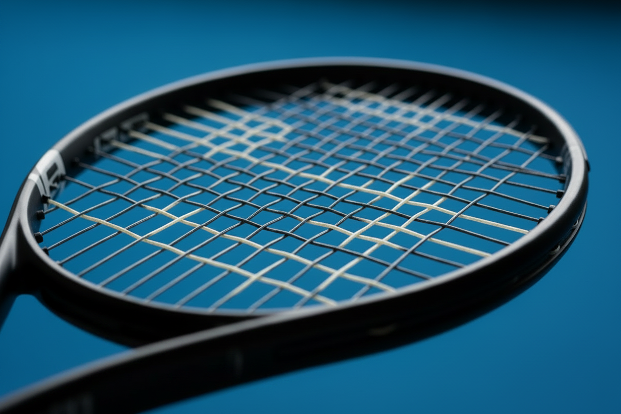 Close-up of a tennis racket with hybrid strings against a blue background