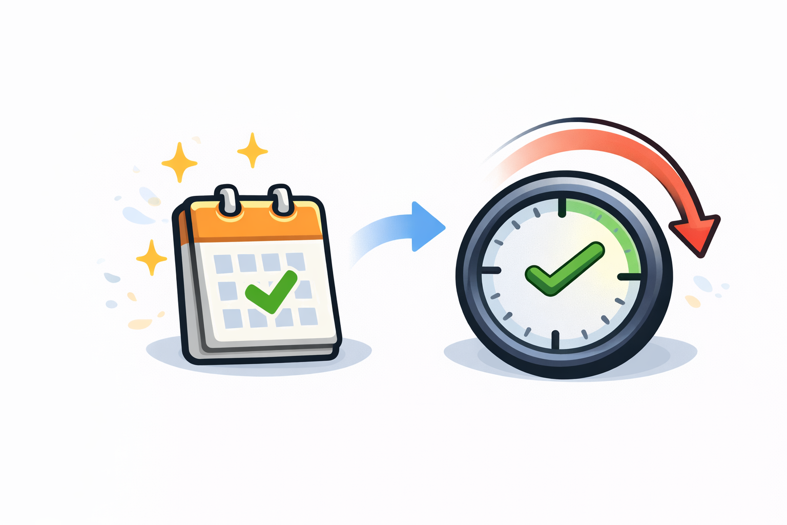 Calendar with checkmark and clock with checkmark on a white background