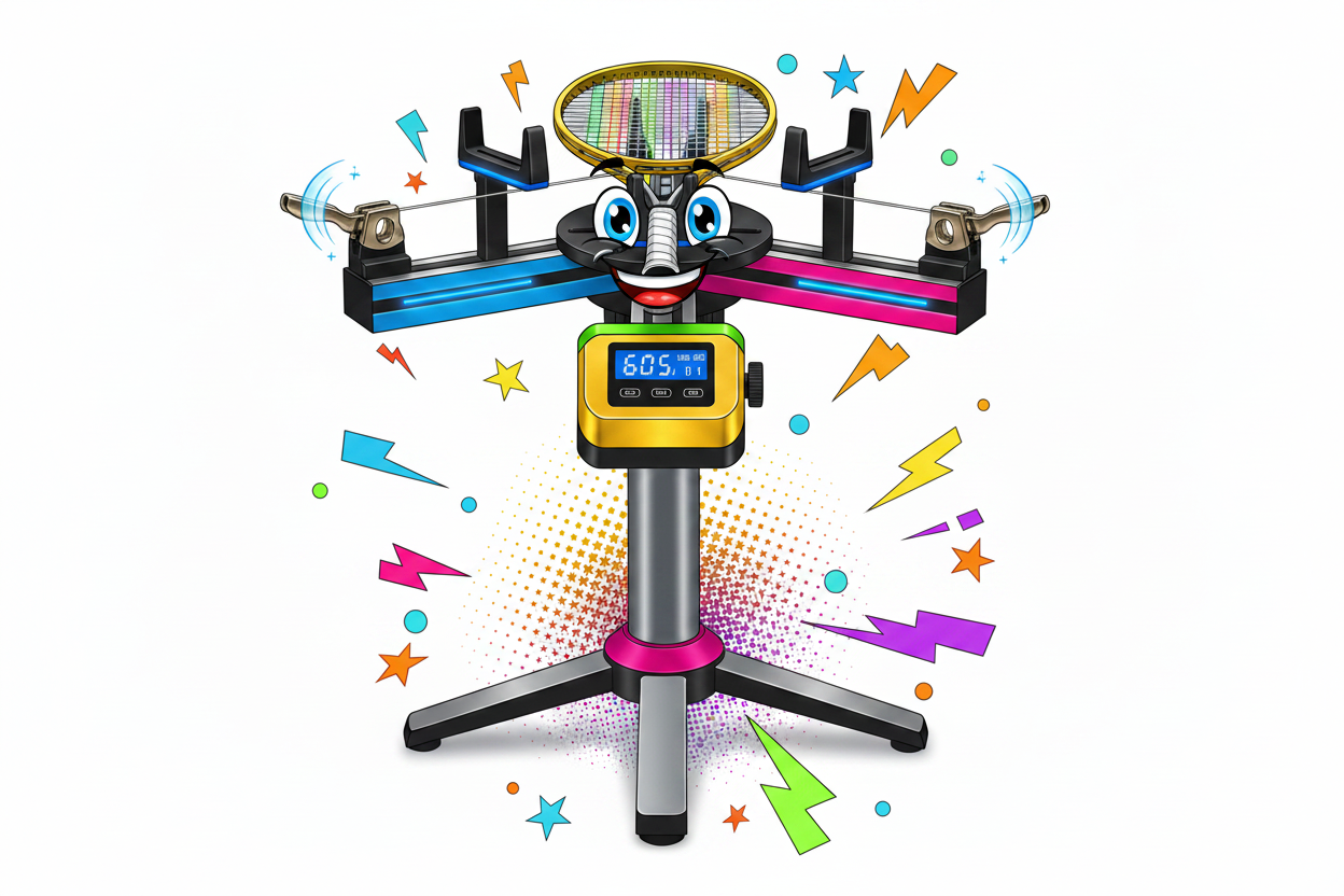 Tour level racket restringing machine colourful animation.