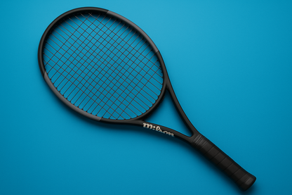 Wilson Blade 98 tennis racket with Kirschbaum Pro Line Rough strings in black on a blue background with an anti clockwise rotation of the racket