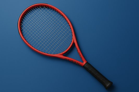 Wilson Clash V2 in red tennis racket with Wilson Sensation strings in clear, on a blue background with an anti-clockwise racket orientation