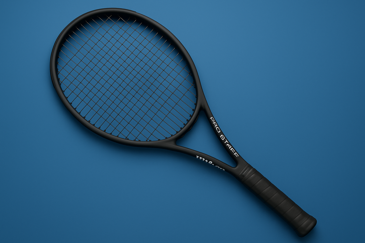 Wilson Pro Staff tennis racket with Kirschbaum Pro Line strings in black on a blue background with an anti clockwise rotation of the racket