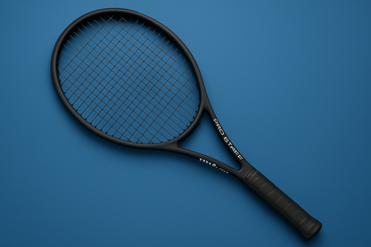 Wilson Pro Staff tennis racket with Kirschbaum Pro Line strings in black on a blue background with an anti clockwise rotation of the racket