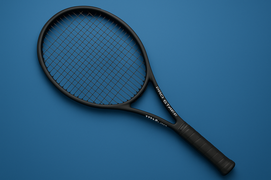 Wilson Pro Staff tennis racket with Kirschbaum Pro Line strings in black on a blue background with an anti clockwise rotation of the racket
