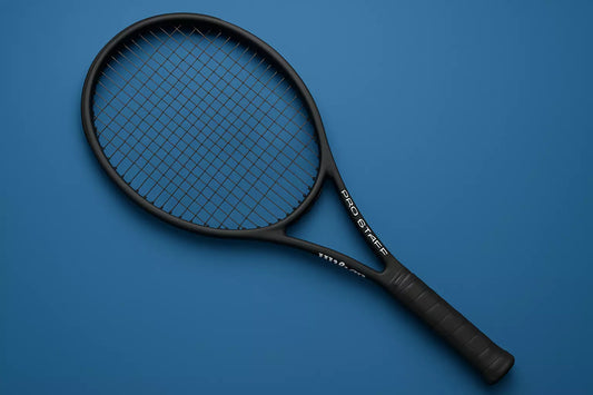 Wilson Pro Staff tennis racket with Kirschbaum Pro Line strings in black on a blue background with an anti clockwise rotation of the racket