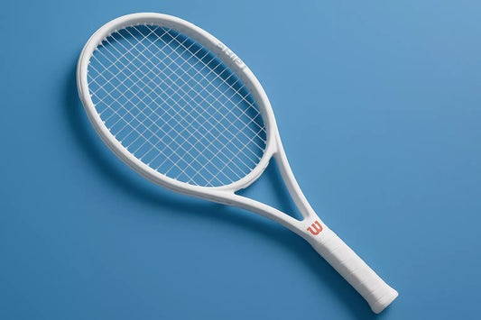 Wilson Shift tennis racket in white with a left rotation, anti clockwise with Weiss Cannon strings in a clear colour, on a blue background