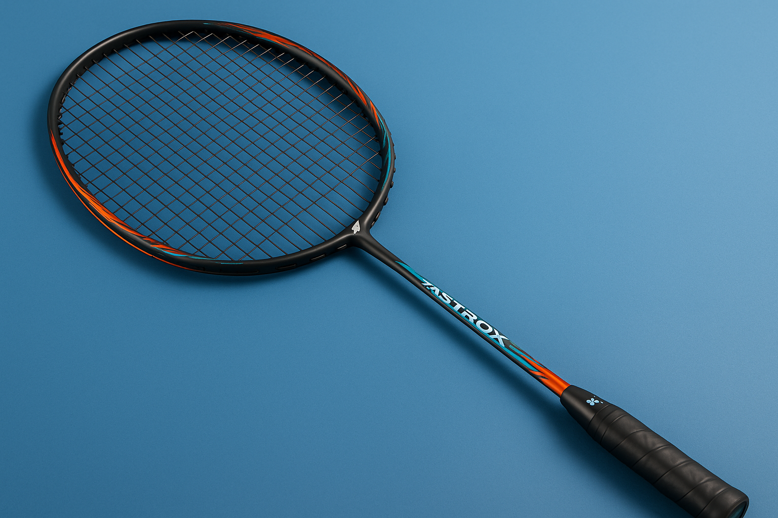 Yonex Astrox badminton racket with Yonex BG66 Ultimax strings in back on a blue background
