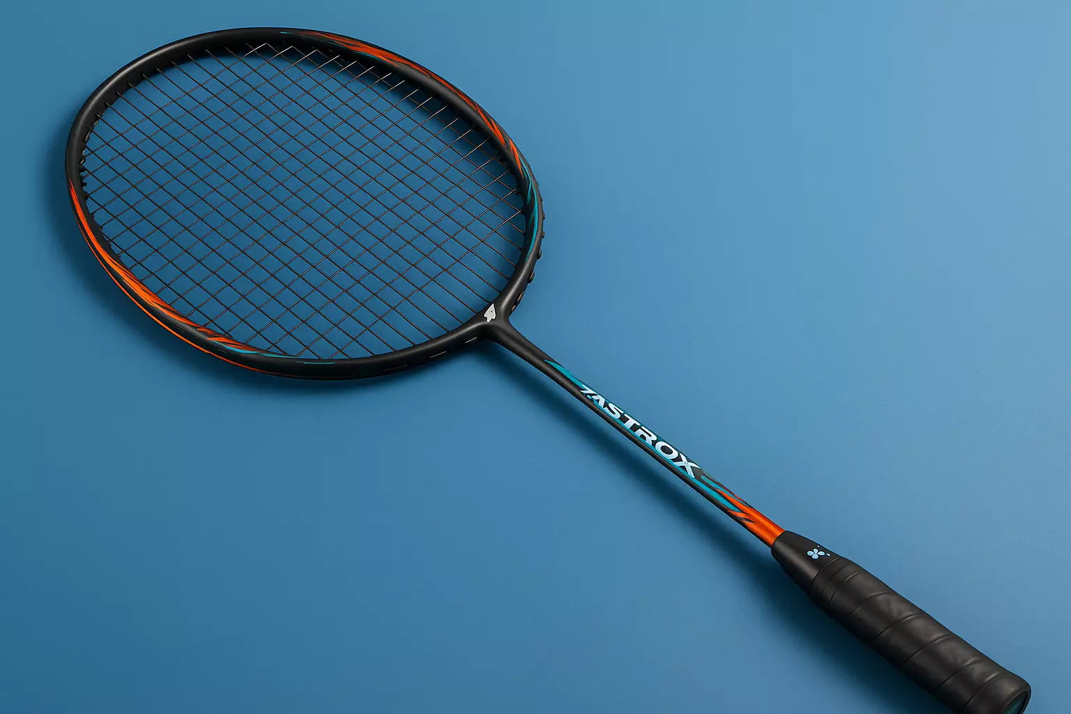 Yonex Astrox badminton racket with Yonex BG66 Ultimax strings in back on a blue background