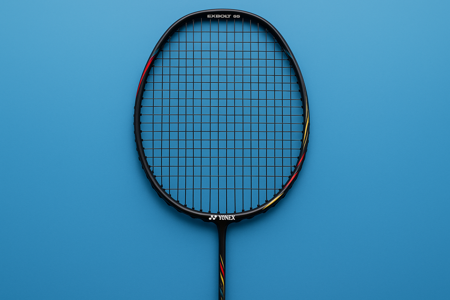 yonex badminton racket with Exbolt 68 strings in black on a blue background