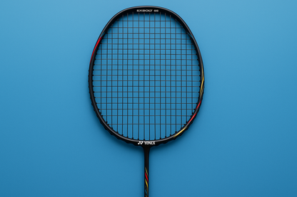 yonex badminton racket with Exbolt 68 strings in black on a blue background