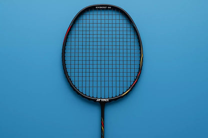 yonex badminton racket with Yonex Exbolt 68 strings in black on a blue background