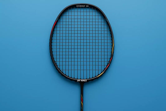 yonex badminton racket with Yonex Exbolt 68 strings in black on a blue background