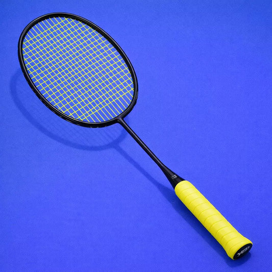 Badminton racket with yellow handle and Yonex BG80 strings on a blue background