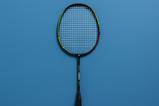 Yonex badminton racket with Yonex BG65 strings in white on a blue background (no stencils)