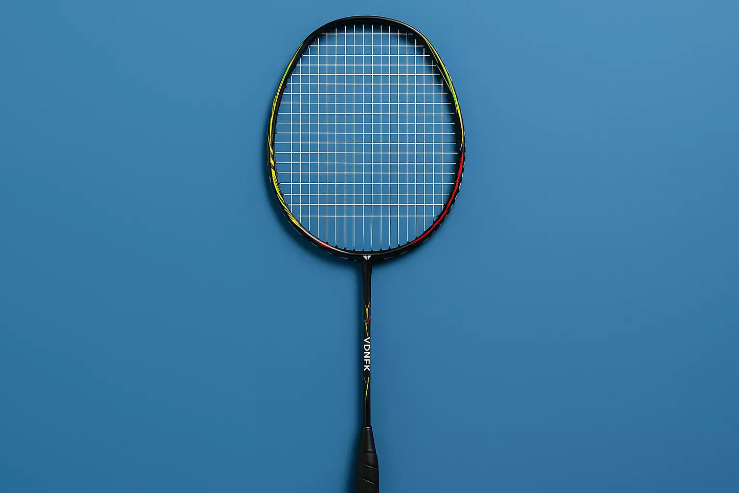 Yonex badminton racket with Yonex BG65 strings in white on a blue background (no stencils)