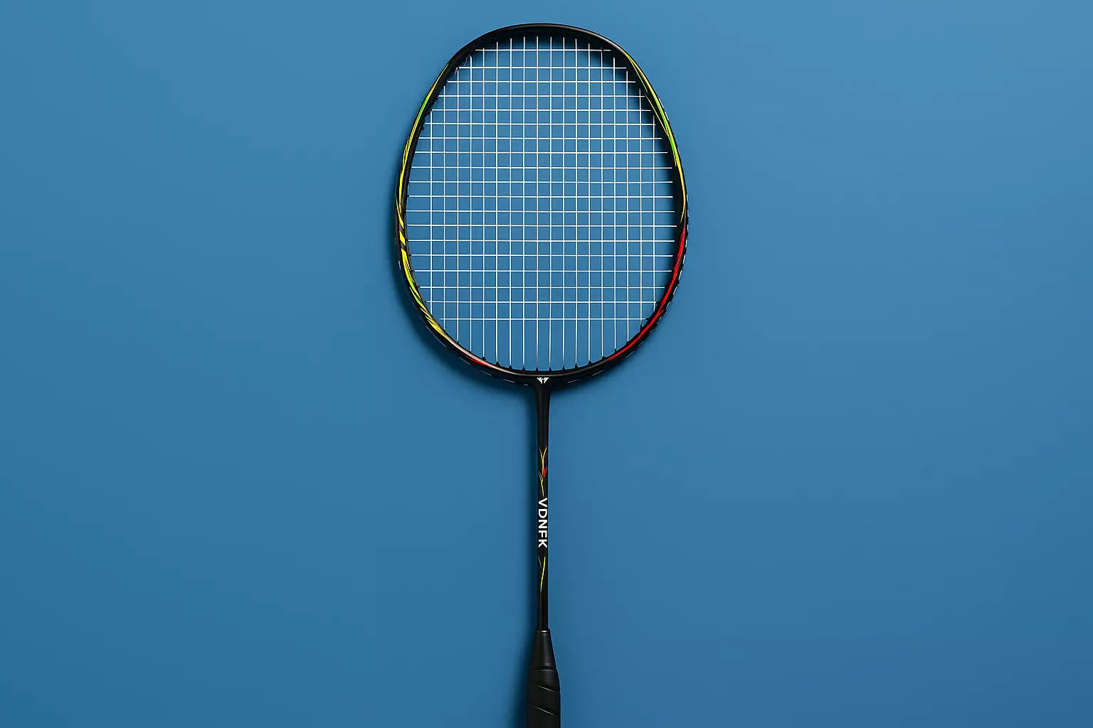 Yonex badminton racket with Yonex BG65 strings in white on a blue background (no stencils)
