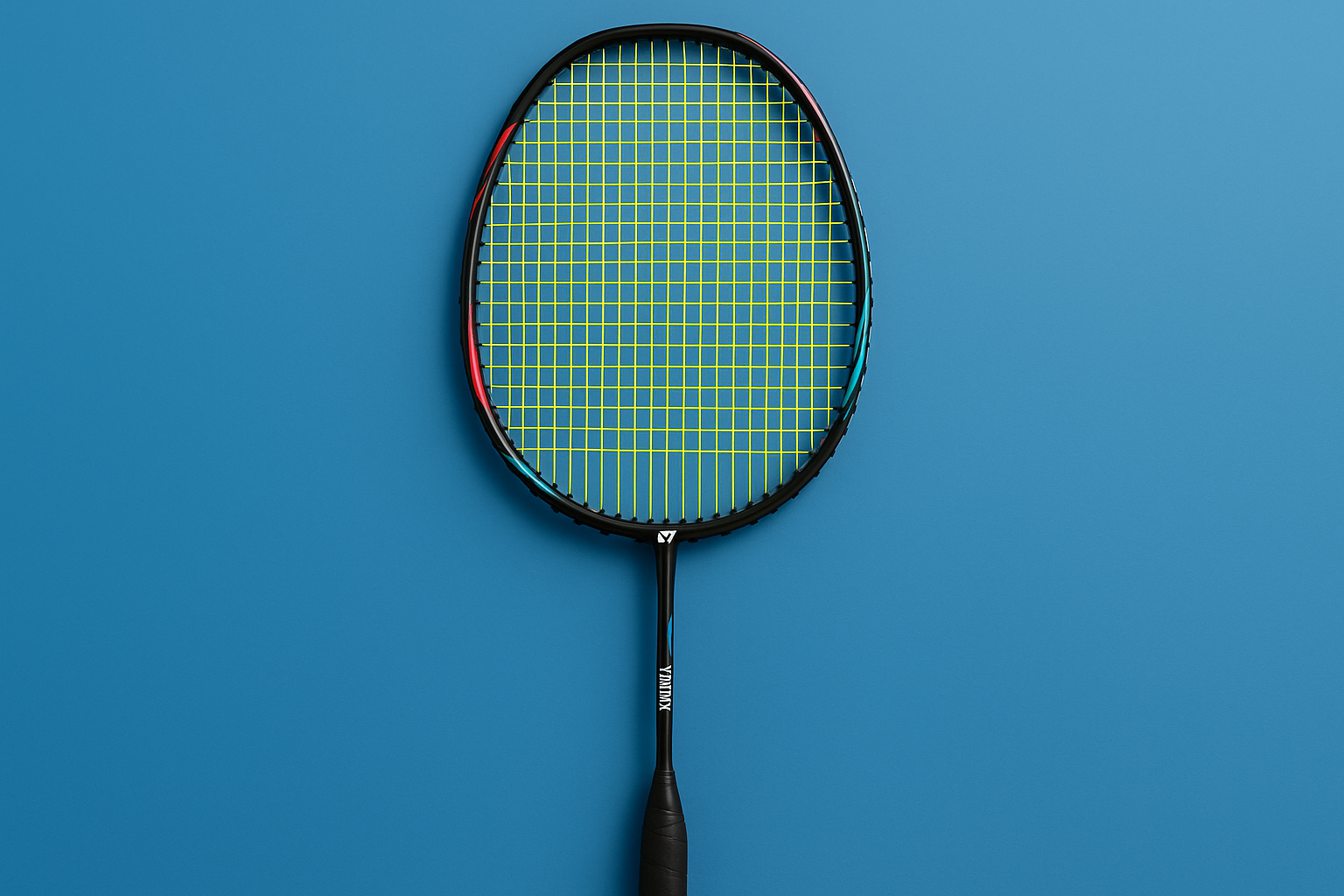 Yonex badminton racket with Yonex BG80 strings in yellow on a blue background