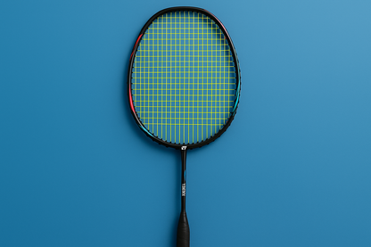 Yonex badminton racket with Yonex BG80 strings in yellow on a blue background