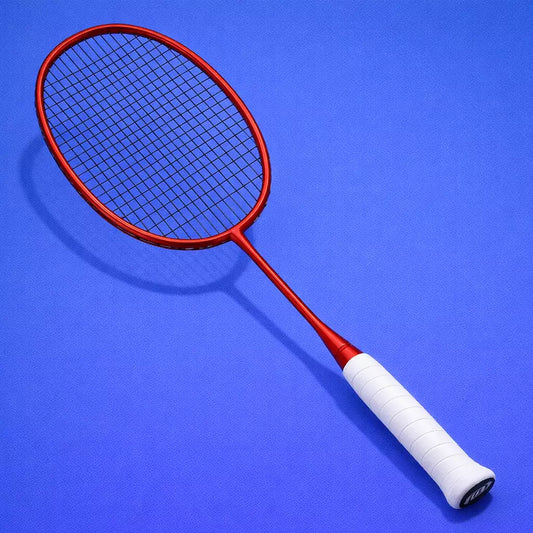 Red badminton racket with white handle and Yonex Exbolt 68 strings on a blue background