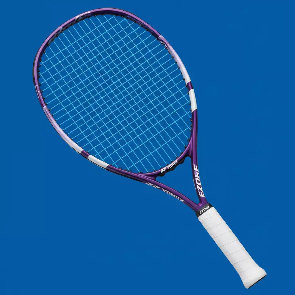 Purple Yonex tennis racket restrung with Yonex Poly Tour Spin strings on a blue background.