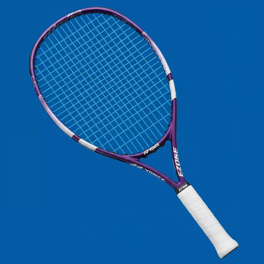 Purple Yonex tennis racket restrung with Yonex Poly Tour Spin strings on a blue background.