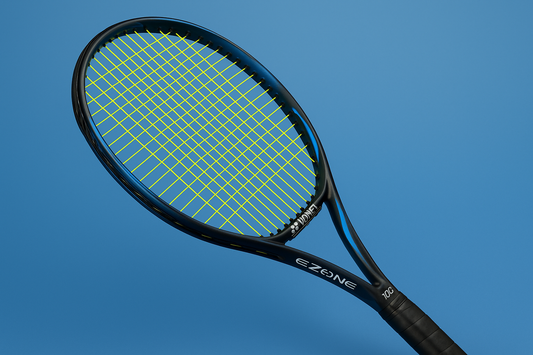Yonex Ezone 100 tennis racket with Yonex Poly Tour Pro strings in yellow, on a blue background