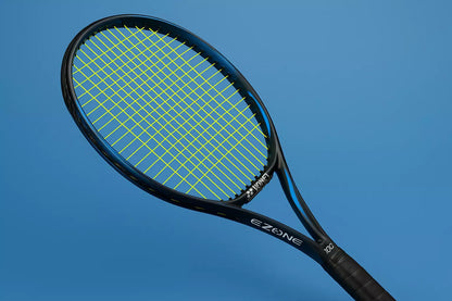Yonex Ezone 100 tennis racket with Yonex Poly Tour Pro strings in yellow, on a blue background