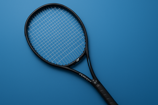 Yonex Percept 97 tennis racket with Kirschbaum Gut Feeling strings in clear, on a blue background with an anti-clockwise racket orientation